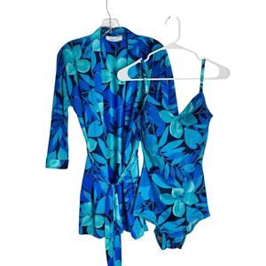 Vintage Roxanne 1 Piece Swimsuit & Coverup Womens‎ 12 Blue Floral Union Made USA